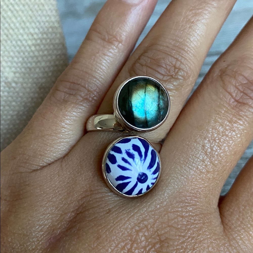 Sterling Silver and Labradorite Stone  and Talavera pottery Women's Ring